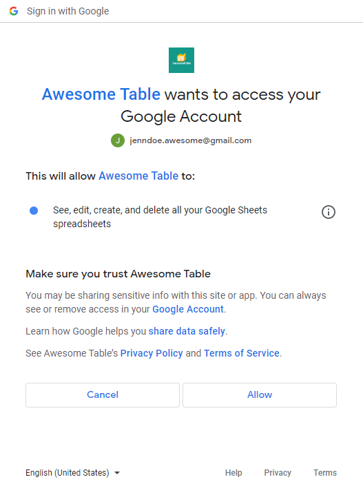 [Awesome Table wants to access your Google Account at first login