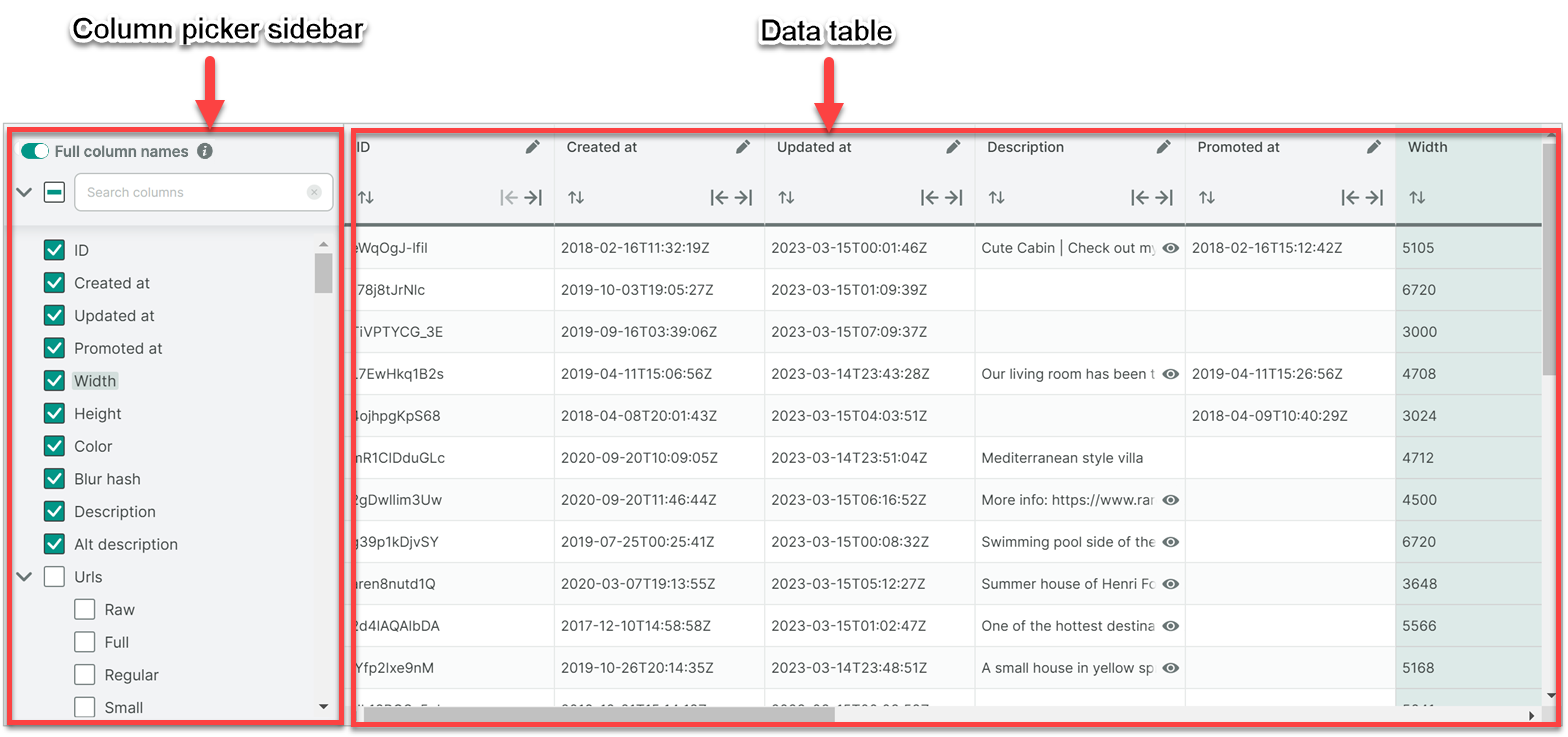 The Preview & Select columns popup has two main areas: the Column picker sidebar and the Data table