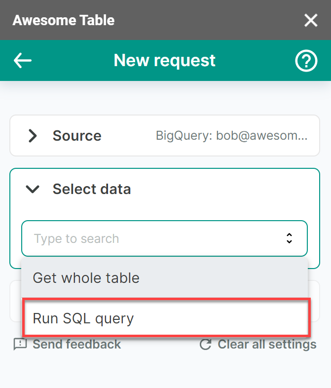 Run SQL query is the selected option.