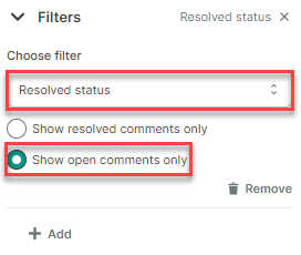 The chosen filter is Resolved status and its corresponding value is Show open comments only.