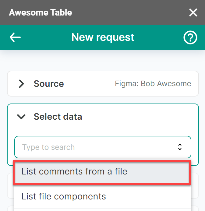 The Select data drop-down is opened and the selected item is List comments from a file.