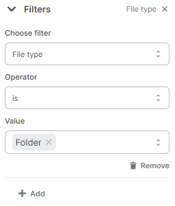 The selected filter is File type, the Operator option is set to IS, and the Value is set to Folder.