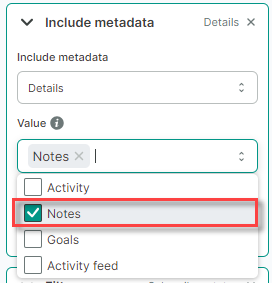 The Include metadata drop-down is opened and the selected item is Include metadata.