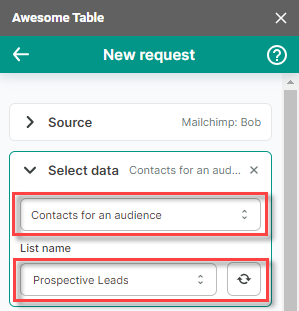 The Select data drop-down is opened and the selected item is Get information about members in a specific Mailchimp list.