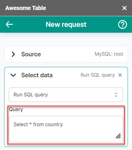 The following query is entered into the Query field: Select * from country