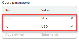 The parameters are key-pair values for the following: from-EUR and to-USD.