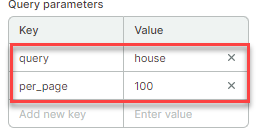 The parameters are key-pair values for the following: query-house and per_page-100.