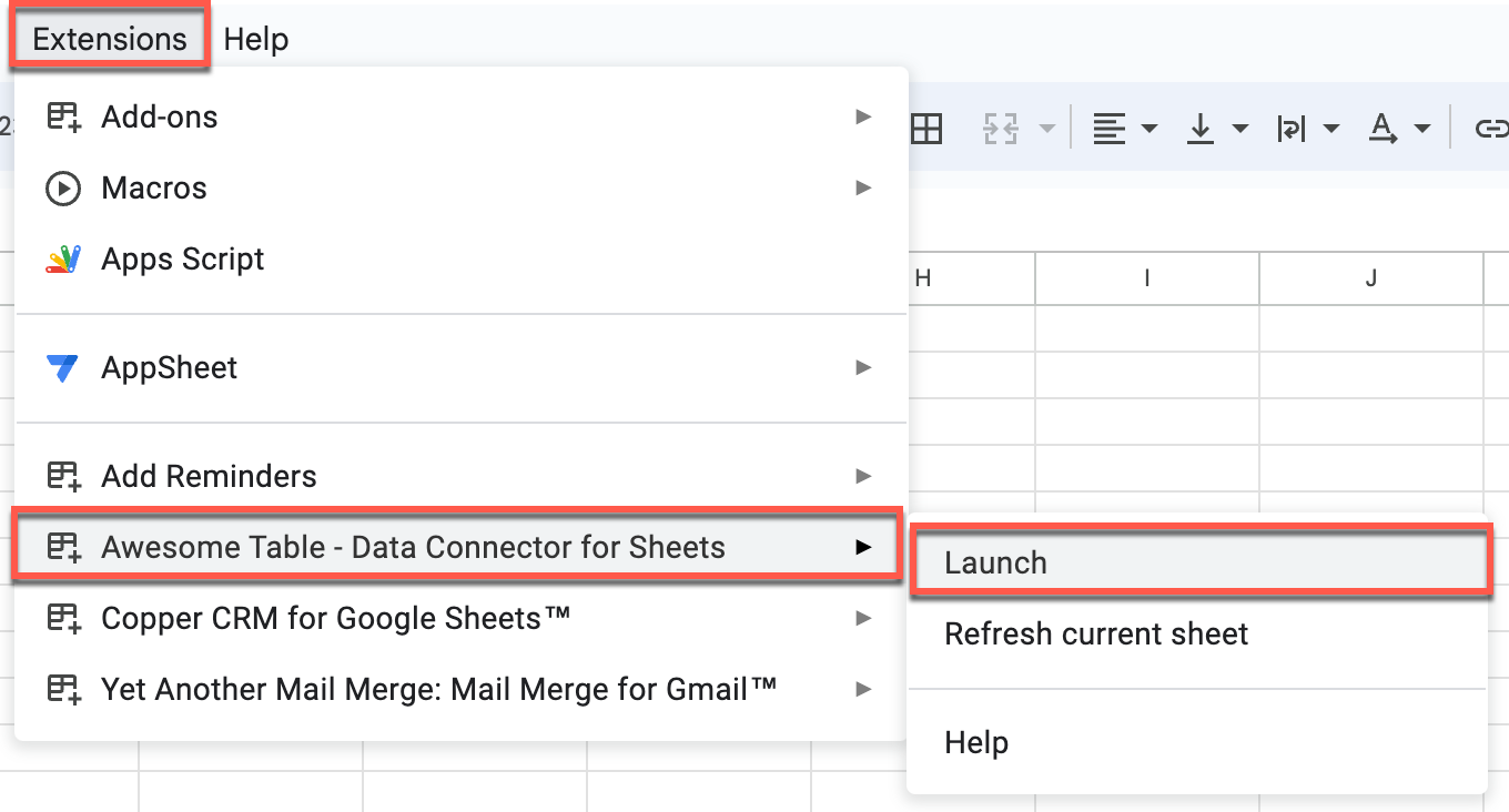 Extensions drop-down opened in Google spreadhsheet showing access to Awesome Table and Launch.