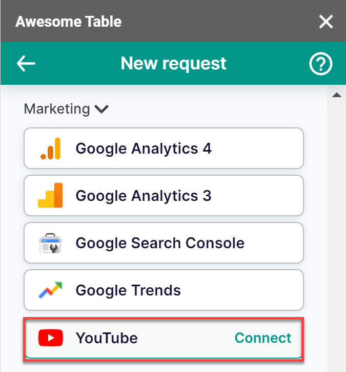 The Youtube connector is listed in the Marketing category of the add-on