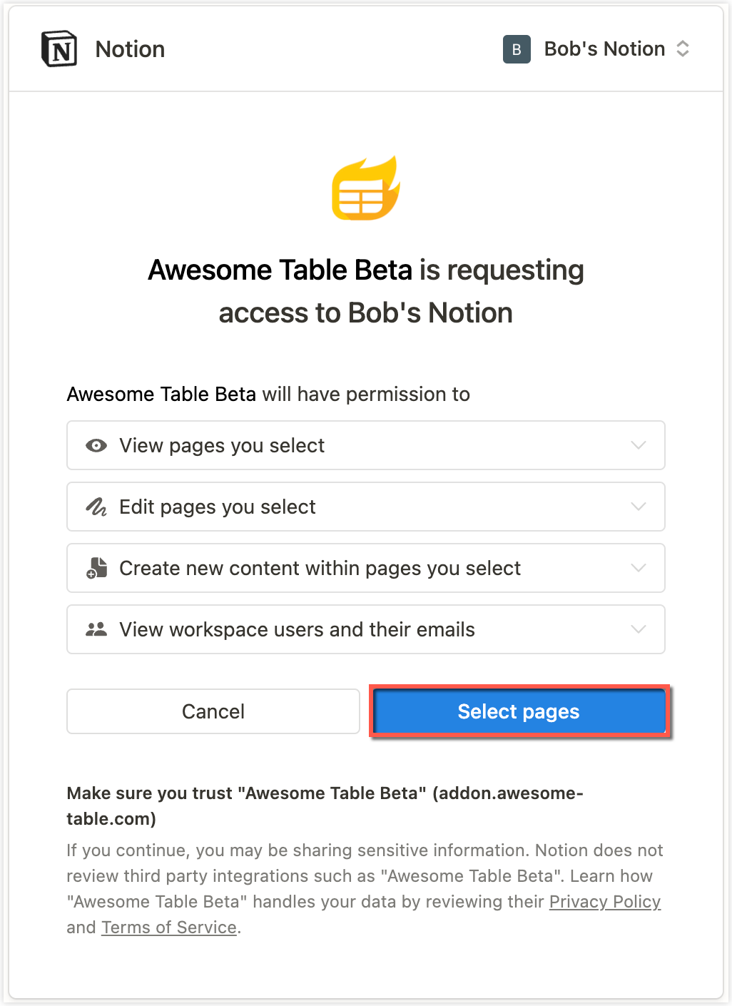 Awesome Table requests access to the Notion of your account