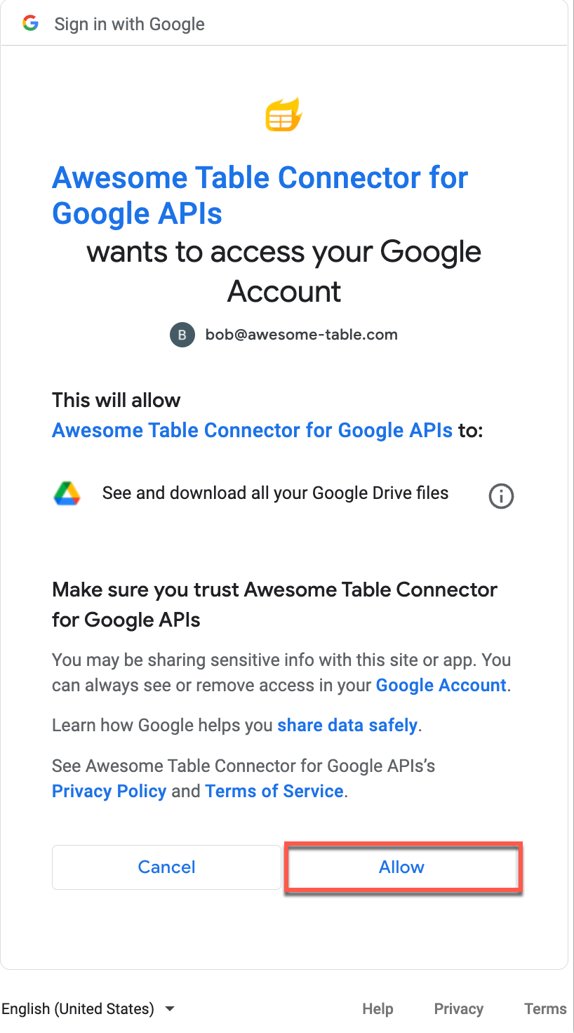 It allows Awesome Table Connectors to see and download all your Google Drive files
