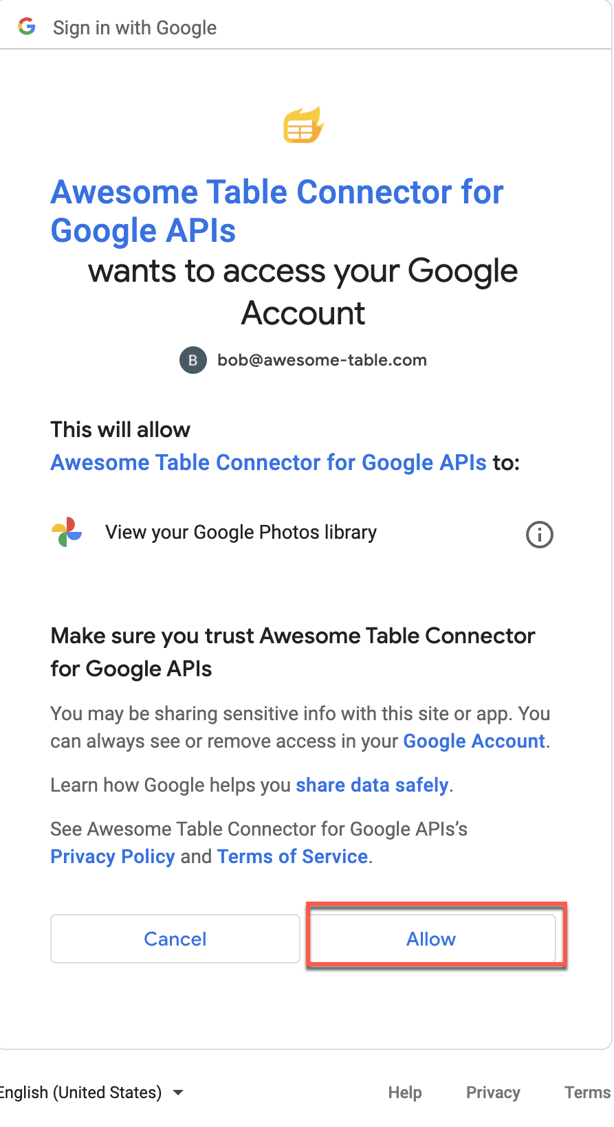 It allows Awesome Table Connectors to view your Google Photos library