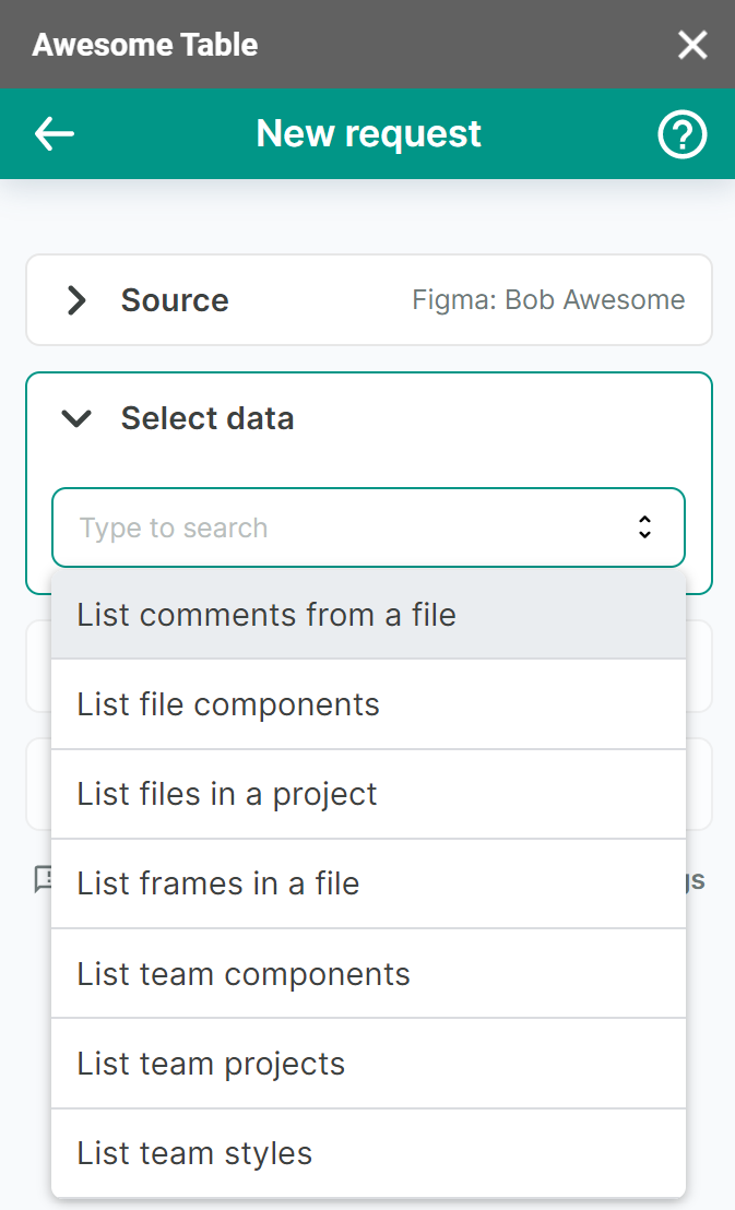The list of data to export from Figma