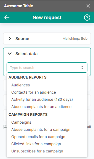 The list of data to export from Mailchimp