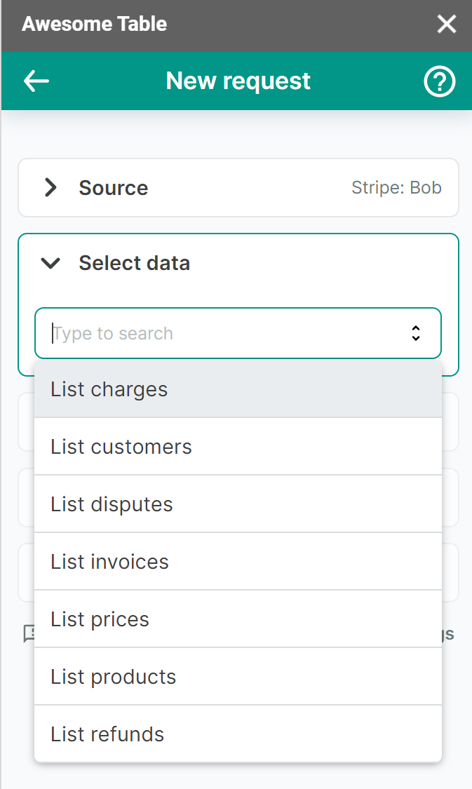 The list of data to export from Stripe