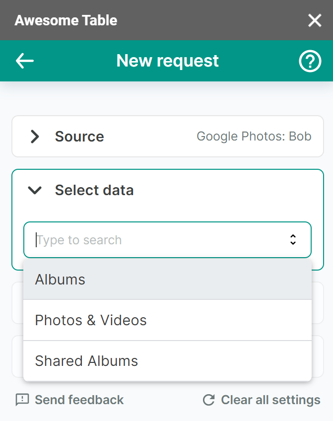 The list of data to export from Google Photos