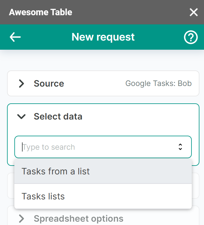 The list of data to export from Google Tasks