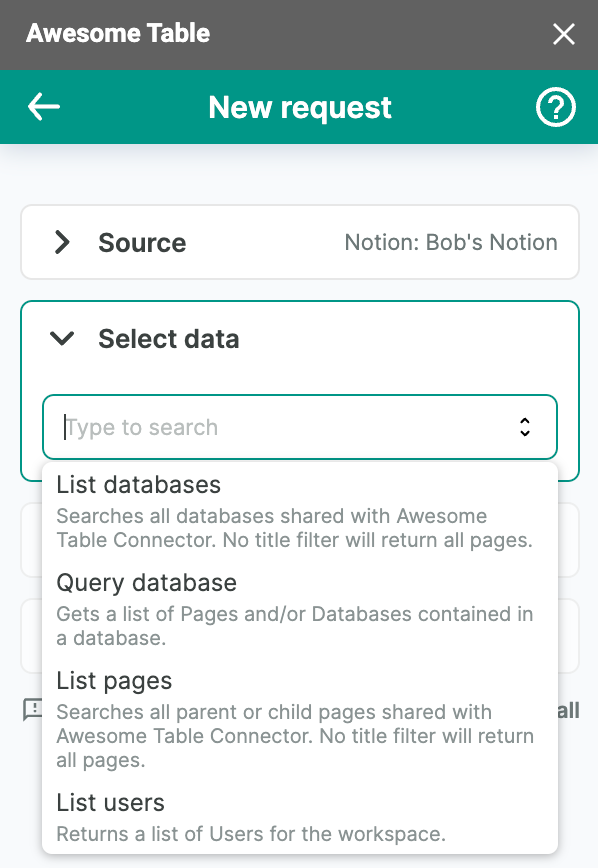 The list of data to export from Notion