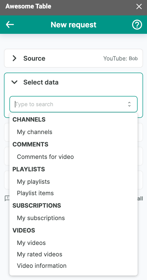 The list of data to export from Youtube