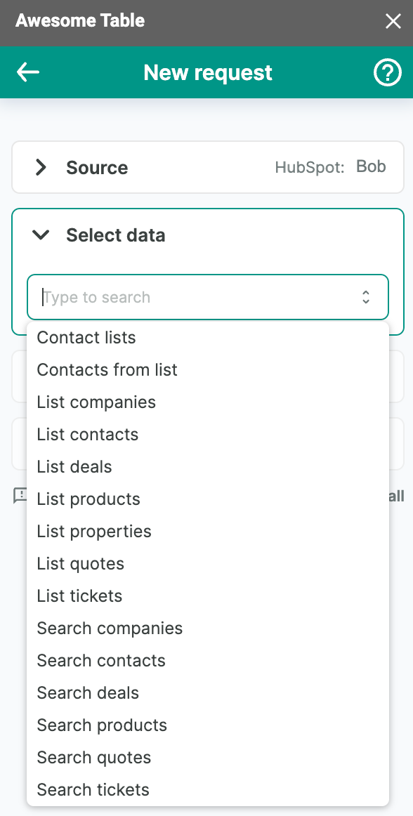 The list of data to export from Hubspot