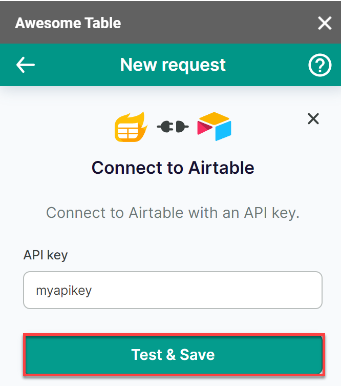 Field for API key with a Test and Save button