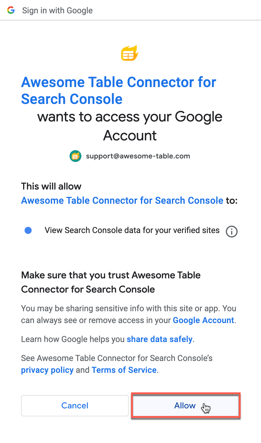 It allows Awesome Table Connectors to view your search console data for your verified sites