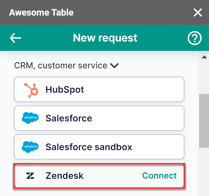 The Zendesk connector is listed in the CRM, customer service category of the add-on