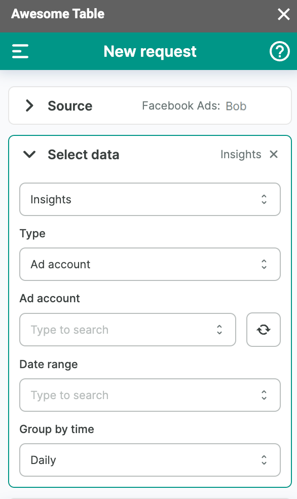 The list of data to export from Facebook Ads