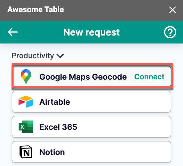 The Google Maps Geocode connector is listed in the Productivity category of the add-on