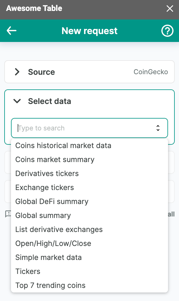 The list of data to export from CoinGecko connector