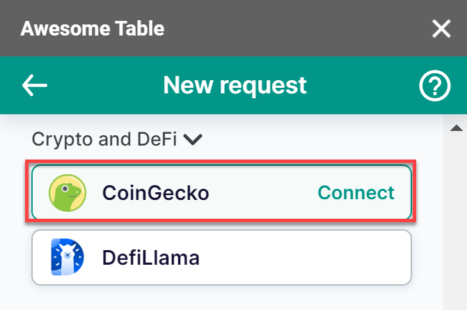 The Coingecko connector is listed in the Crypto and DeFi category of the add-on
