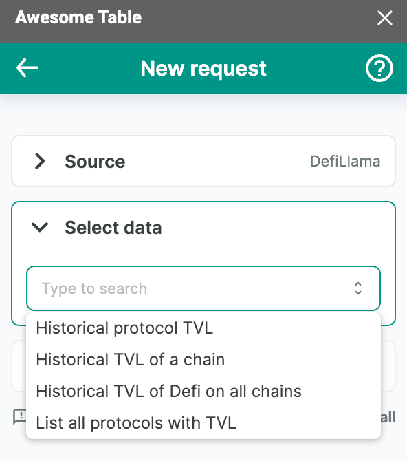 The list of data to export from DefiLlama connector