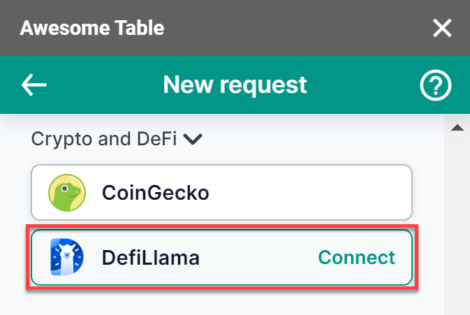The DefiLlama connector is listed in the Crypto and DeFi category of the add-on