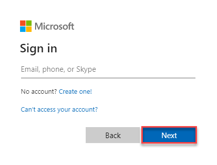 New Microsoft sign in page with Next button