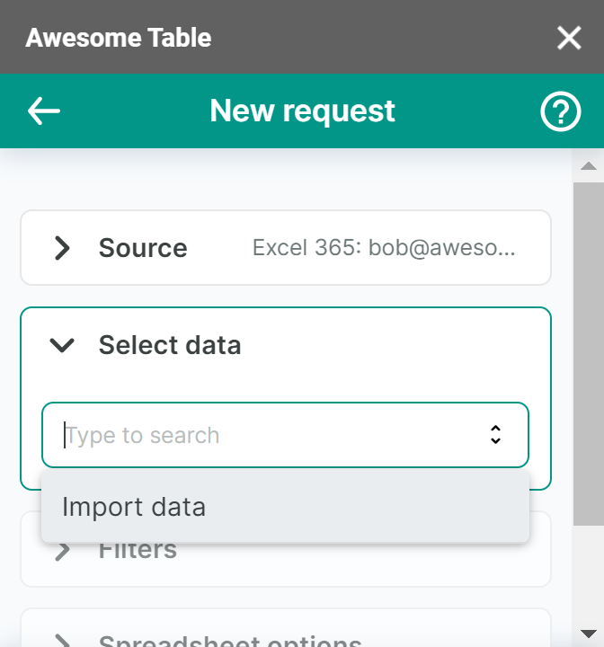 The list of data to export from Excel 365 connector