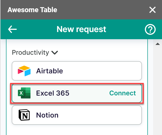 The Excel 365 connector is listed in the Productivity category of the add-on