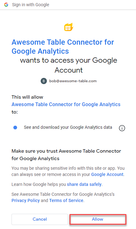 It allows Awesome Table Connectors to see and download your Google Analytics data