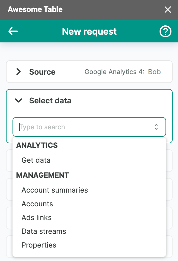 The list of data to export from Google Analytics 4