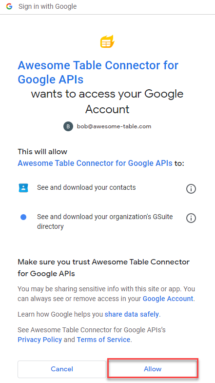 This will allow Awesome Table Connectors to see and download your contacts