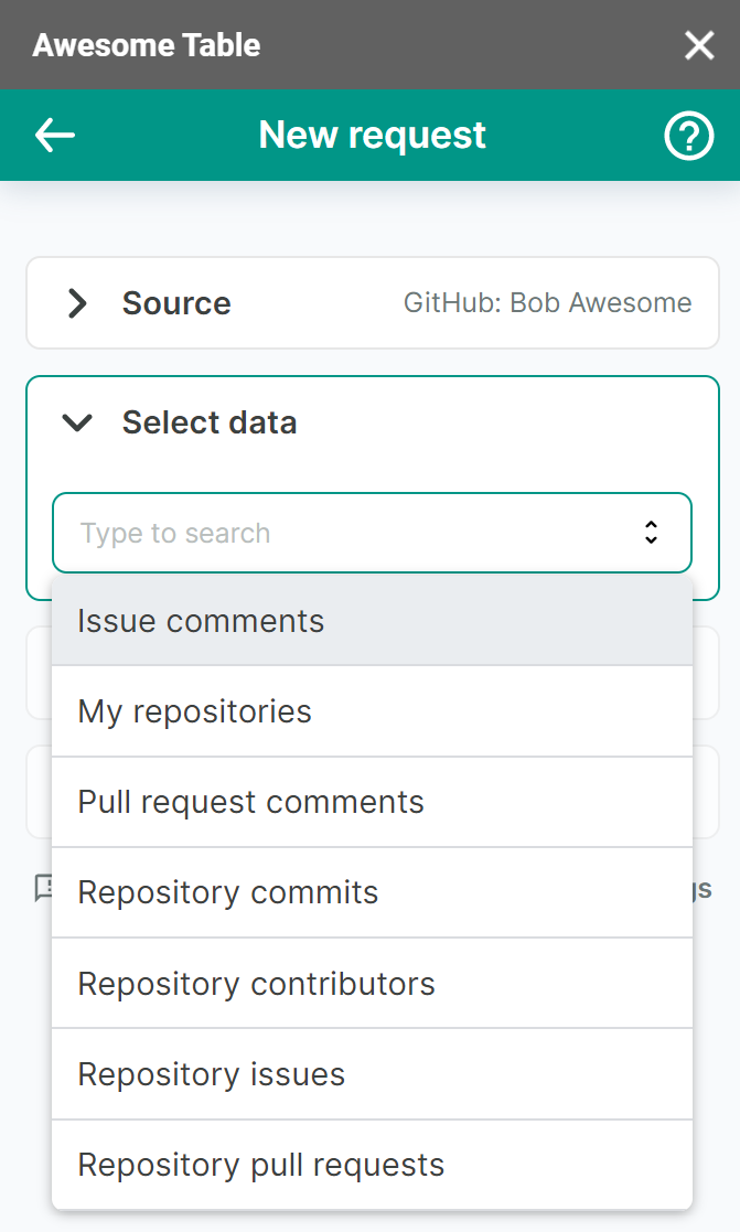 The list of data to export from GitHub