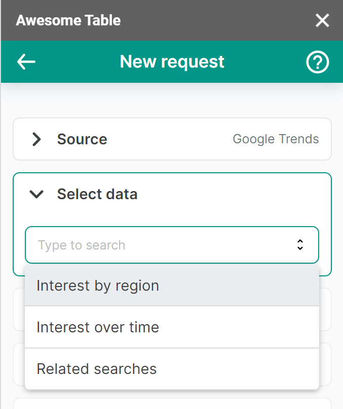 The list of data to export from Google Trends connector