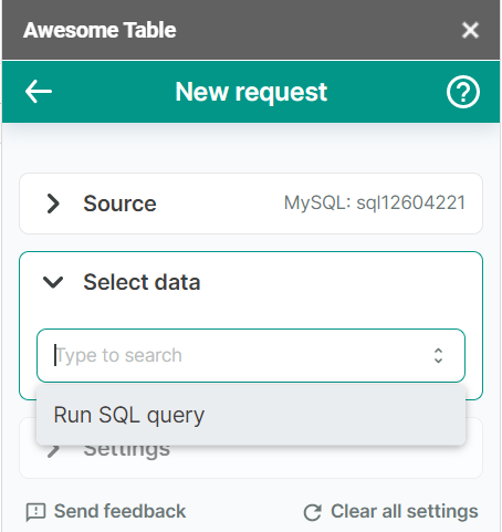 The list of options to export from MySQL connector
