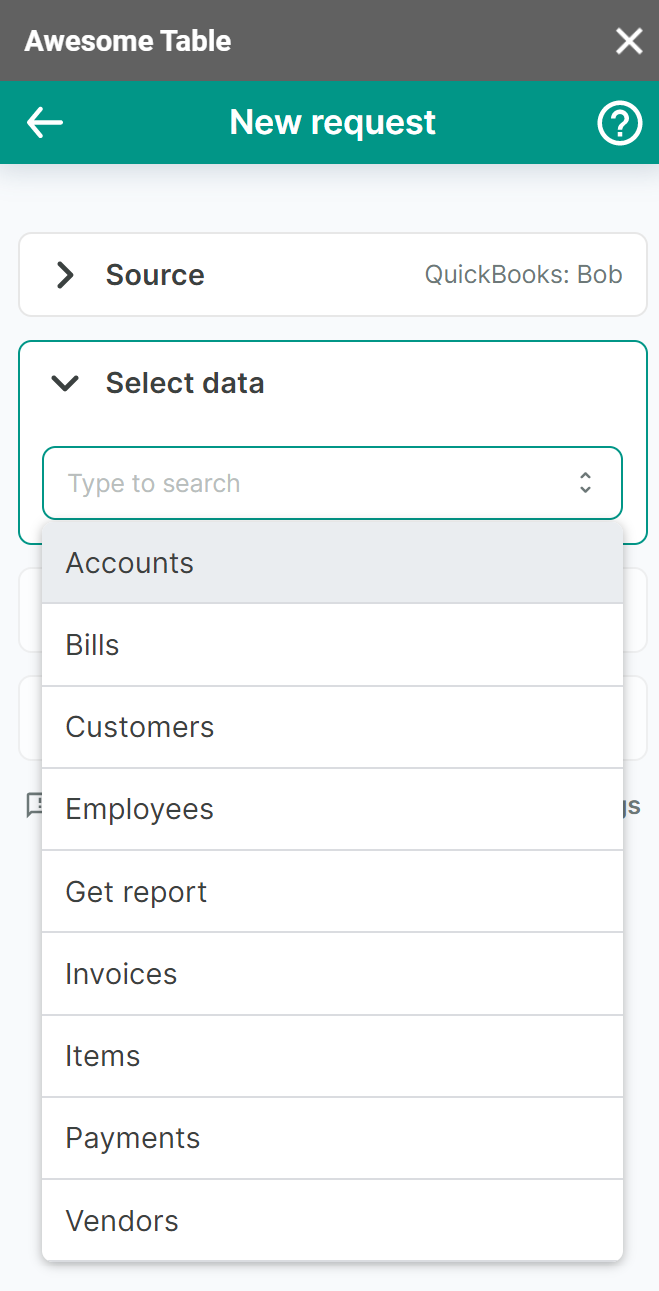 The list of data to export from QuickBooks
