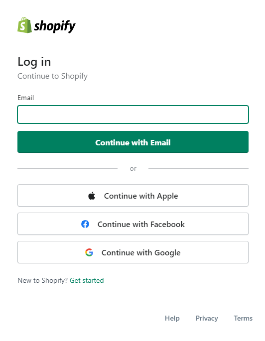 Shopify log in method page
