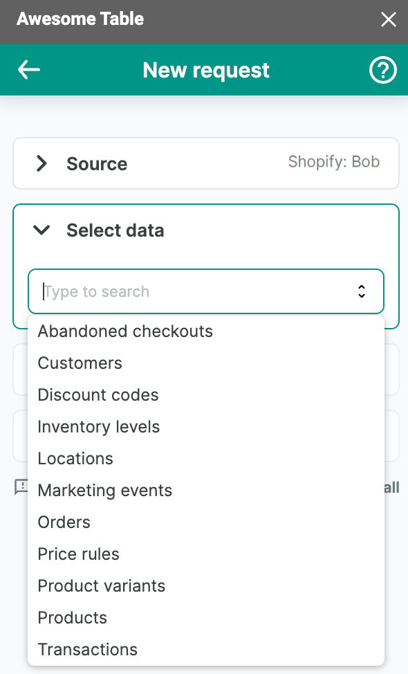 The list of data to export from Shopify