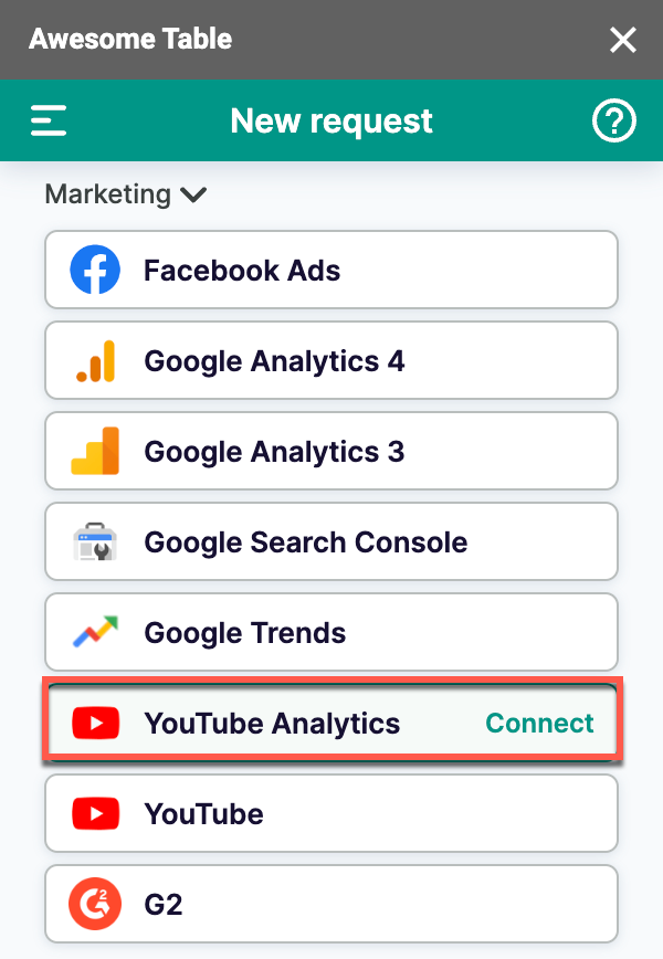 The Youtube Analytics connector is listed in the Marketing category of the add-on