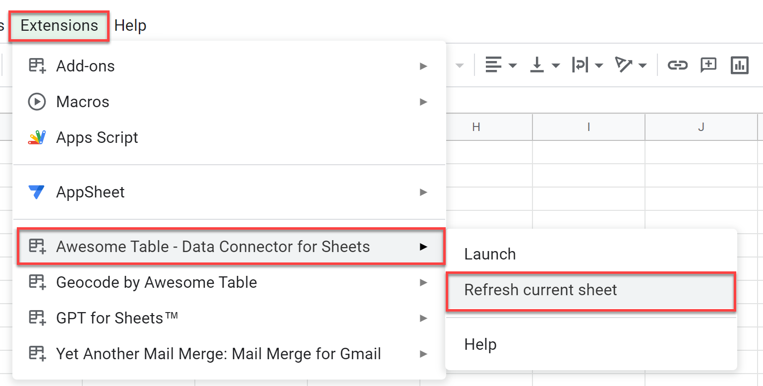 Extensions drop-down opened in Google spreadhsheet showing access to Awesome Table and Refresh current sheet.